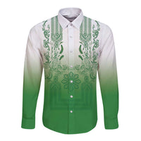 Philippines Barong Style Long Sleeve Button Shirt with Polynesian Art and Leaf Motif Green Color LT03 Unisex Green - Polynesian Pride