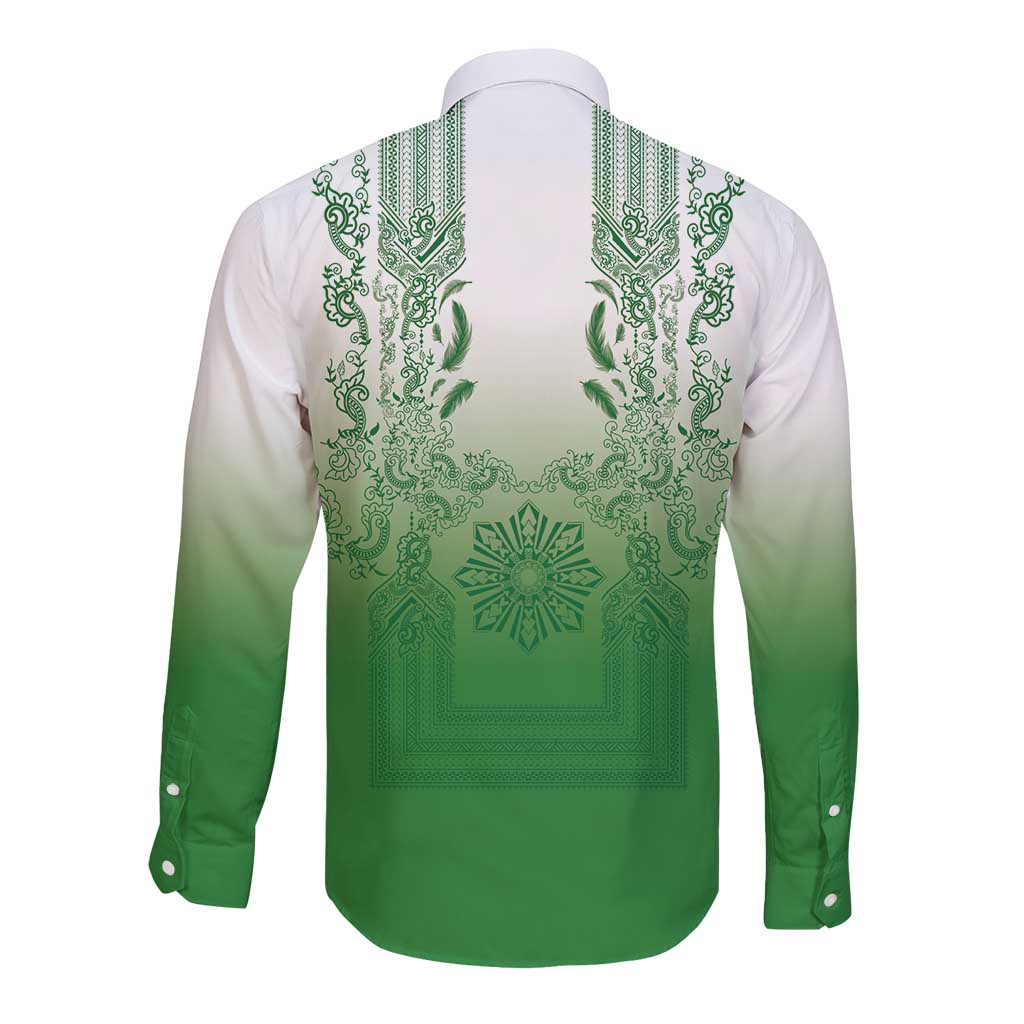 Philippines Barong Style Long Sleeve Button Shirt with Polynesian Art and Leaf Motif Green Color LT03 - Polynesian Pride