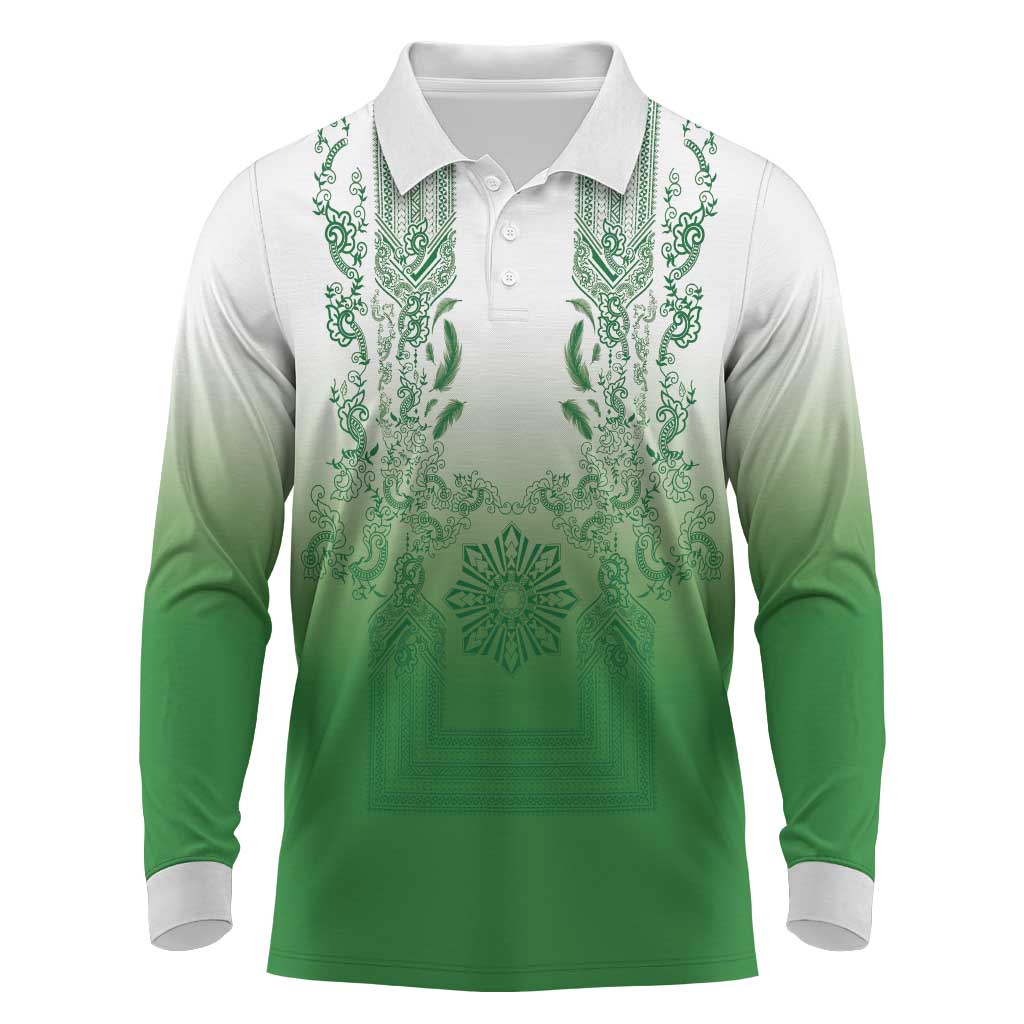 Philippines Barong Style Long Sleeve Polo Shirt with Polynesian Art and Leaf Motif Green Color LT03 Green - Polynesian Pride