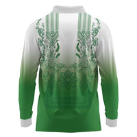 Philippines Barong Style Long Sleeve Polo Shirt with Polynesian Art and Leaf Motif Green Color LT03 - Polynesian Pride