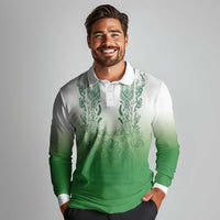 Philippines Barong Style Long Sleeve Polo Shirt with Polynesian Art and Leaf Motif Green Color LT03 - Polynesian Pride