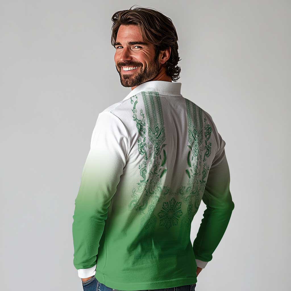Philippines Barong Style Long Sleeve Polo Shirt with Polynesian Art and Leaf Motif Green Color LT03 - Polynesian Pride