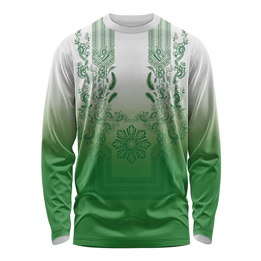 Philippines Barong Style Long Sleeve Shirt with Polynesian Art and Leaf Motif Green Color LT03 Unisex Green - Polynesian Pride
