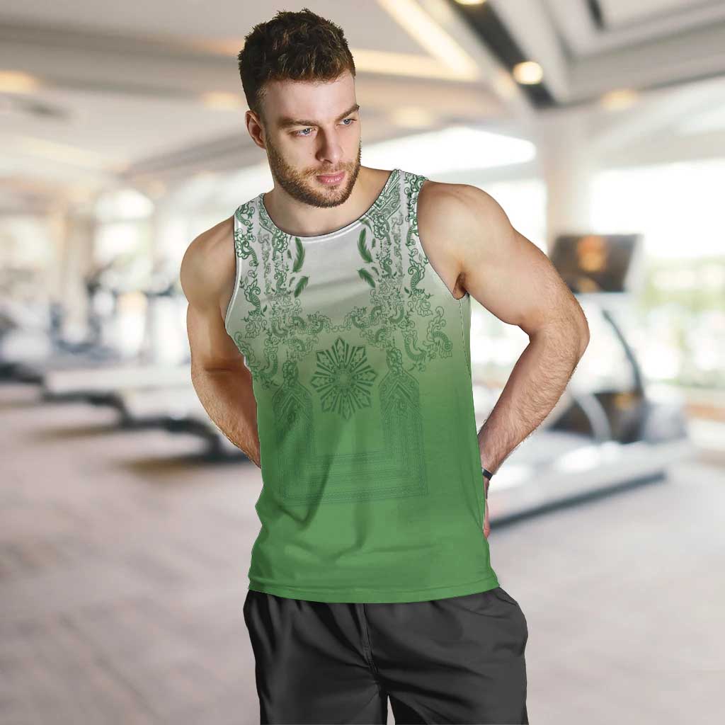 Philippines Barong Style Men Tank Top with Polynesian Art and Leaf Motif Green Color LT03 Green - Polynesian Pride