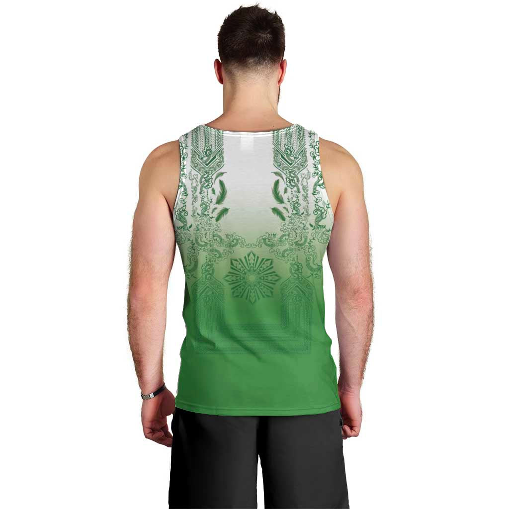 Philippines Barong Style Men Tank Top with Polynesian Art and Leaf Motif Green Color LT03 - Polynesian Pride