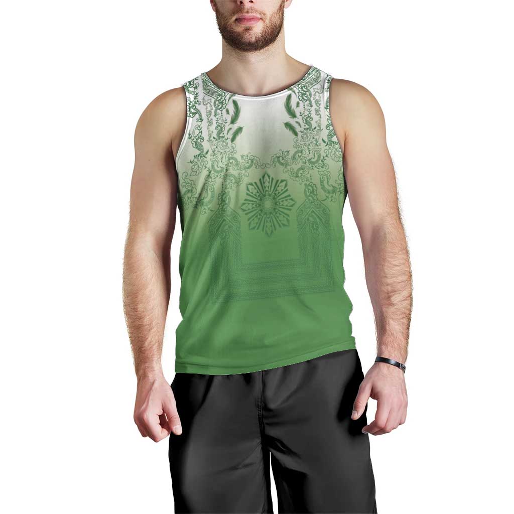 Philippines Barong Style Men Tank Top with Polynesian Art and Leaf Motif Green Color LT03 - Polynesian Pride