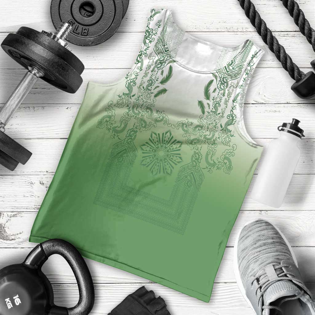 Philippines Barong Style Men Tank Top with Polynesian Art and Leaf Motif Green Color LT03 - Polynesian Pride