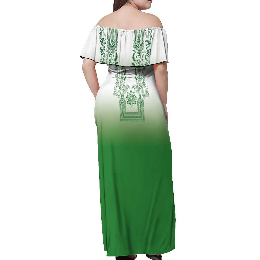 Philippines Barong Style Off Shoulder Maxi Dress with Polynesian Art and Leaf Motif Green Color LT03 - Polynesian Pride