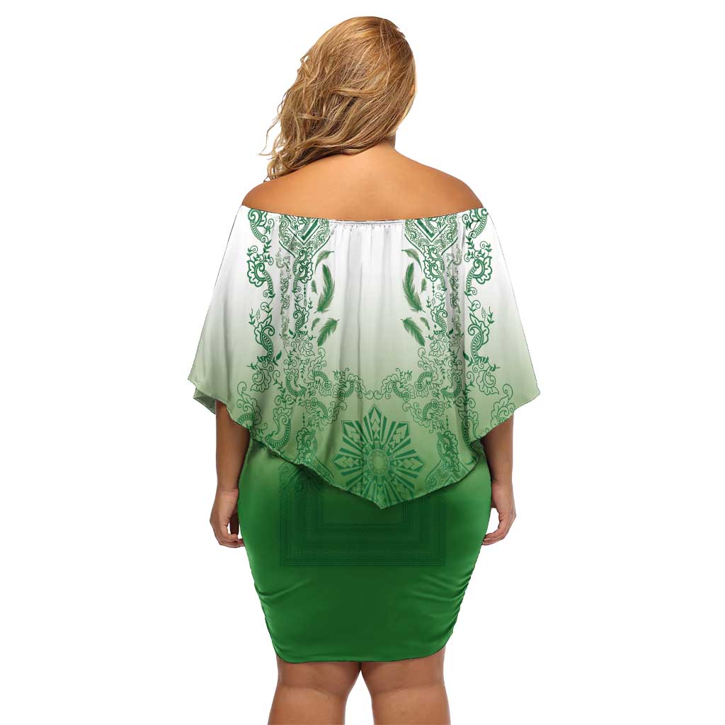 Philippines Barong Style Off Shoulder Short Dress with Polynesian Art and Leaf Motif Green Color LT03 - Polynesian Pride