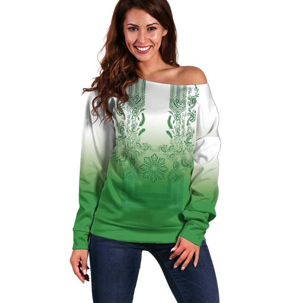 Philippines Barong Style Off Shoulder Sweater with Polynesian Art and Leaf Motif Green Color LT03 Women Green - Polynesian Pride