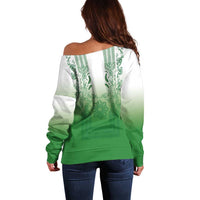 Philippines Barong Style Off Shoulder Sweater with Polynesian Art and Leaf Motif Green Color