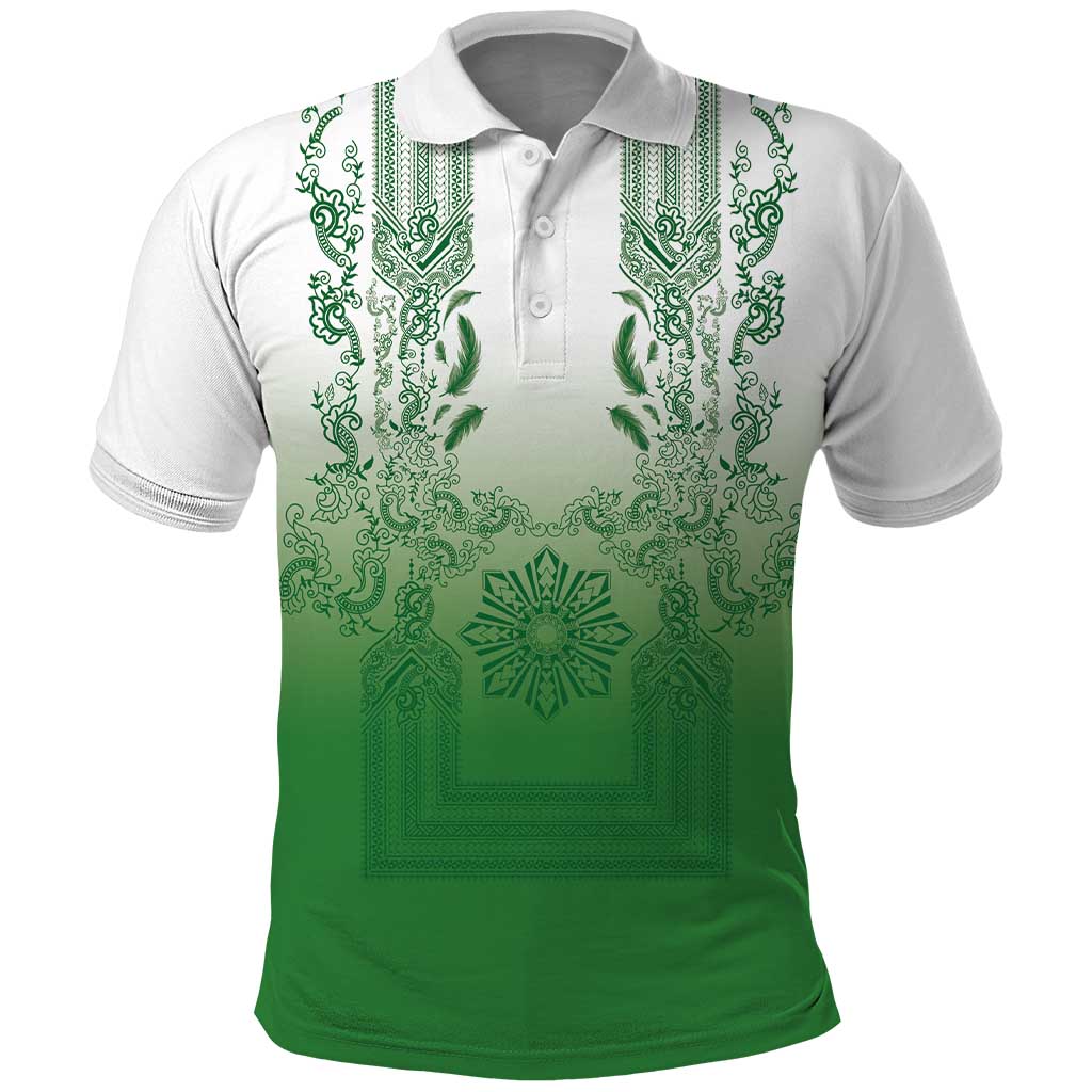 Philippines Barong Style Polo Shirt with Polynesian Art and Leaf Motif Green Color LT03 Green - Polynesian Pride