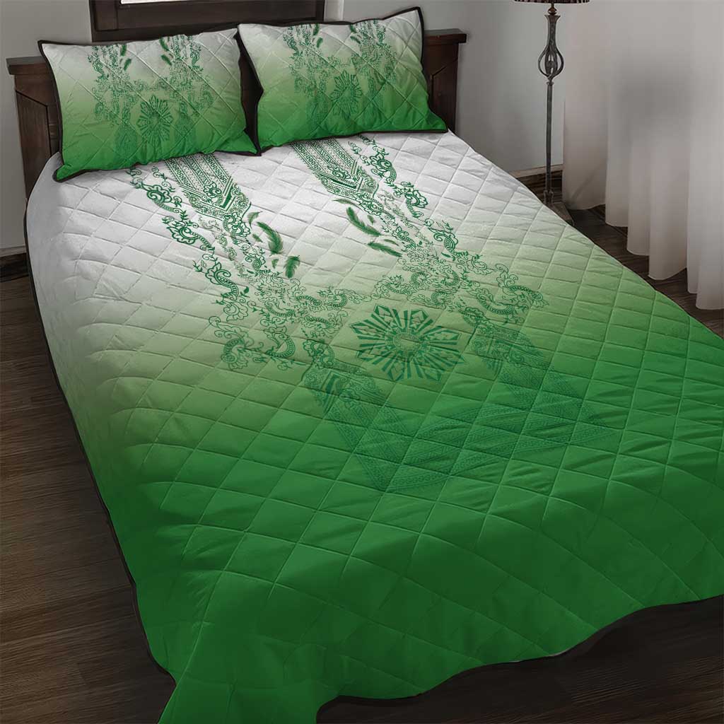 Philippines Barong Style Quilt Bed Set with Polynesian Art and Leaf Motif Green Color