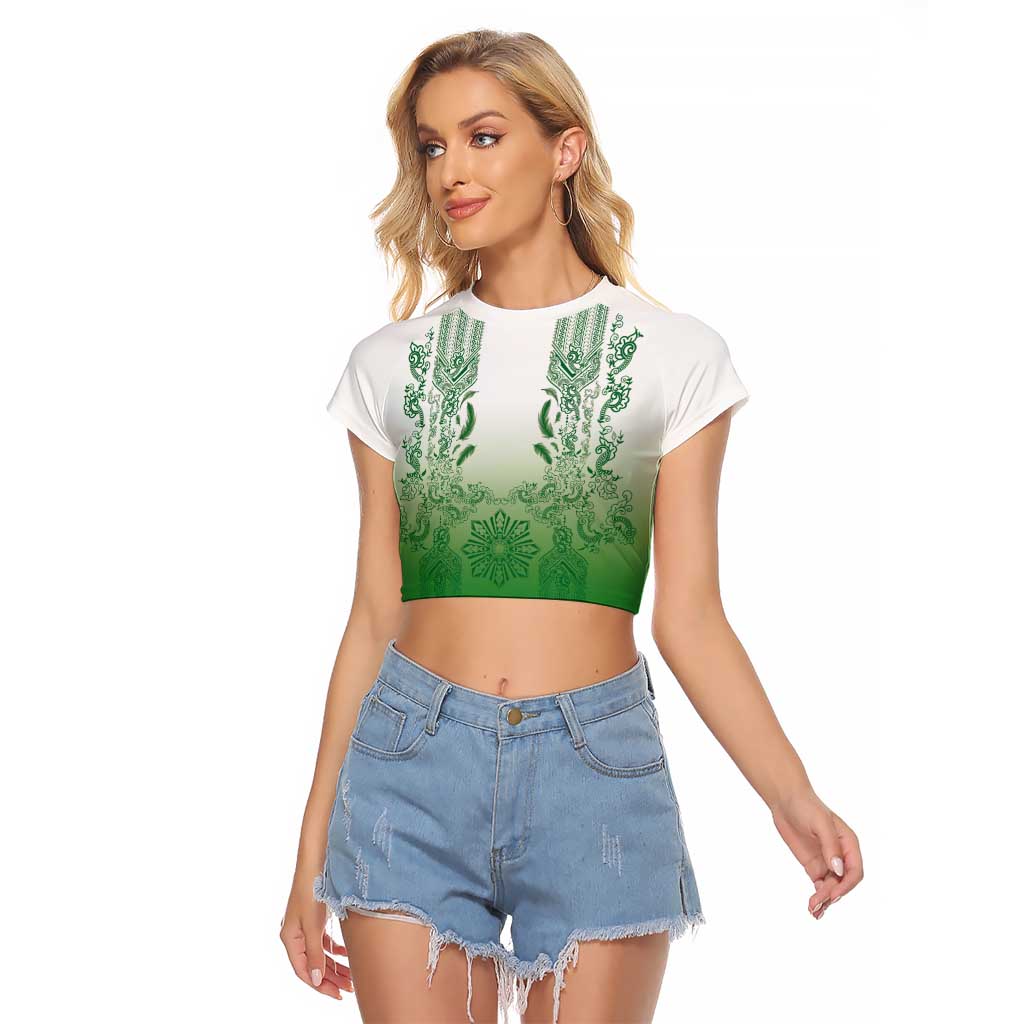 Philippines Barong Style Raglan Cropped T Shirt with Polynesian Art and Leaf Motif Green Color LT03 Female Green - Polynesian Pride