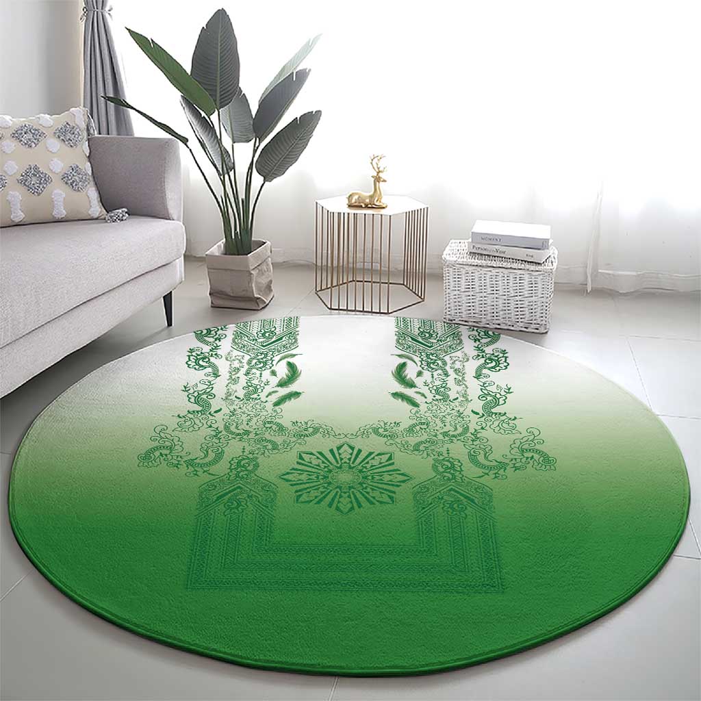 Philippines Barong Style Round Carpet with Polynesian Art and Leaf Motif Green Color