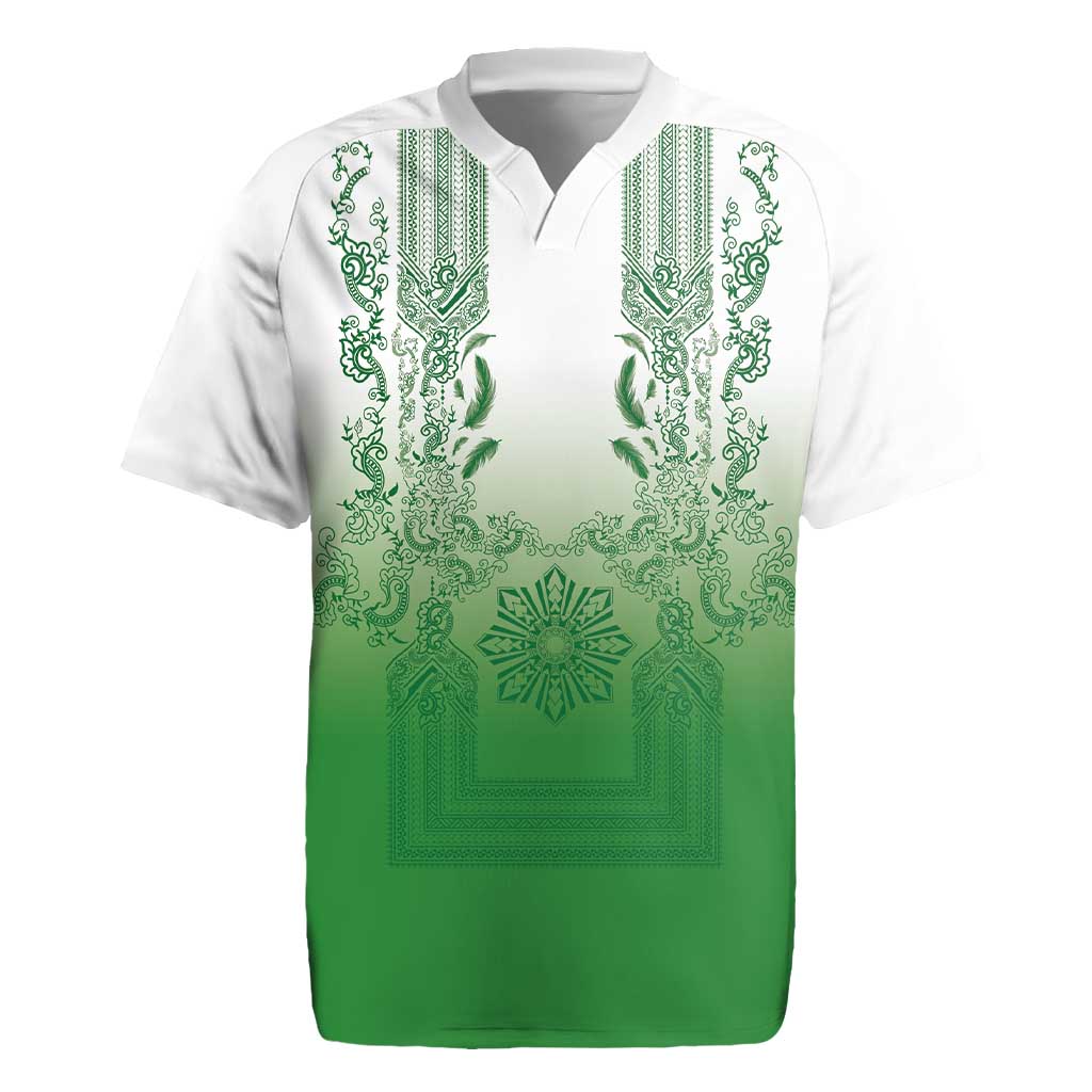 Philippines Barong Style Rugby Jersey with Polynesian Art and Leaf Motif Green Color LT03 Green - Polynesian Pride
