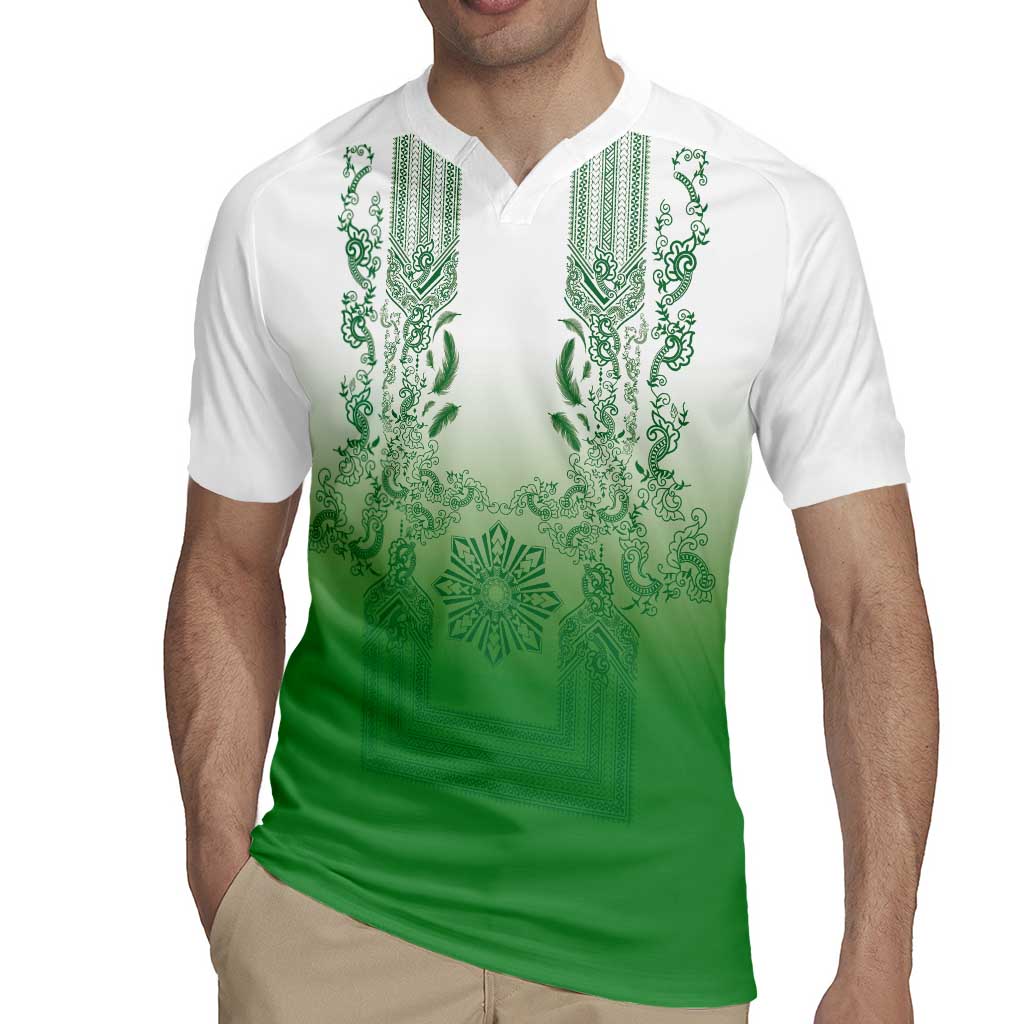Philippines Barong Style Rugby Jersey with Polynesian Art and Leaf Motif Green Color LT03 - Polynesian Pride