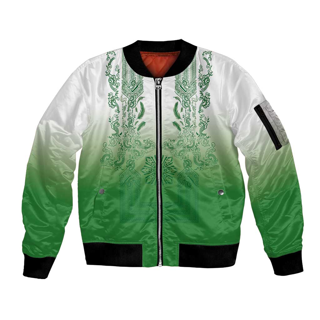 Philippines Barong Style Sleeve Zip Bomber Jacket with Polynesian Art and Leaf Motif Green Color LT03 Unisex Green - Polynesian Pride