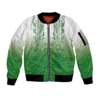 Philippines Barong Style Sleeve Zip Bomber Jacket with Polynesian Art and Leaf Motif Green Color