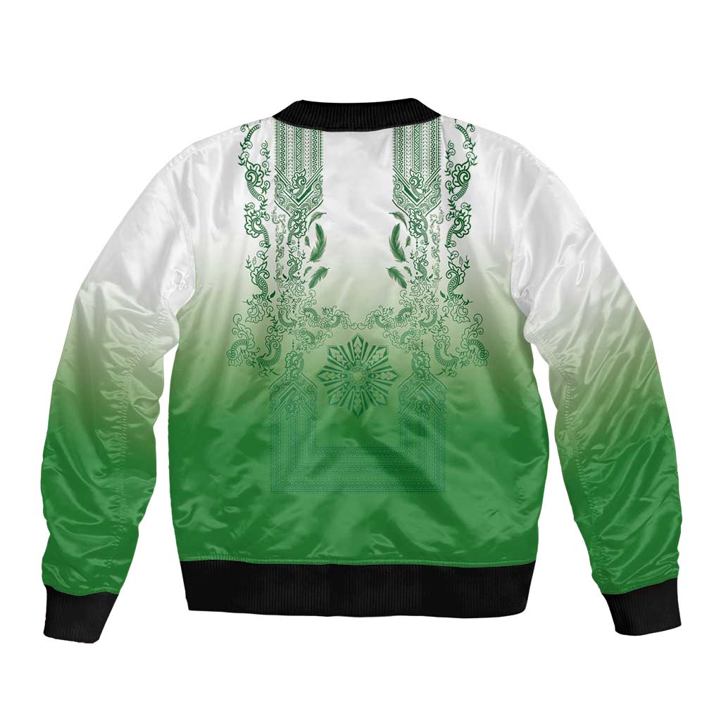 Philippines Barong Style Sleeve Zip Bomber Jacket with Polynesian Art and Leaf Motif Green Color