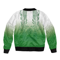 Philippines Barong Style Sleeve Zip Bomber Jacket with Polynesian Art and Leaf Motif Green Color
