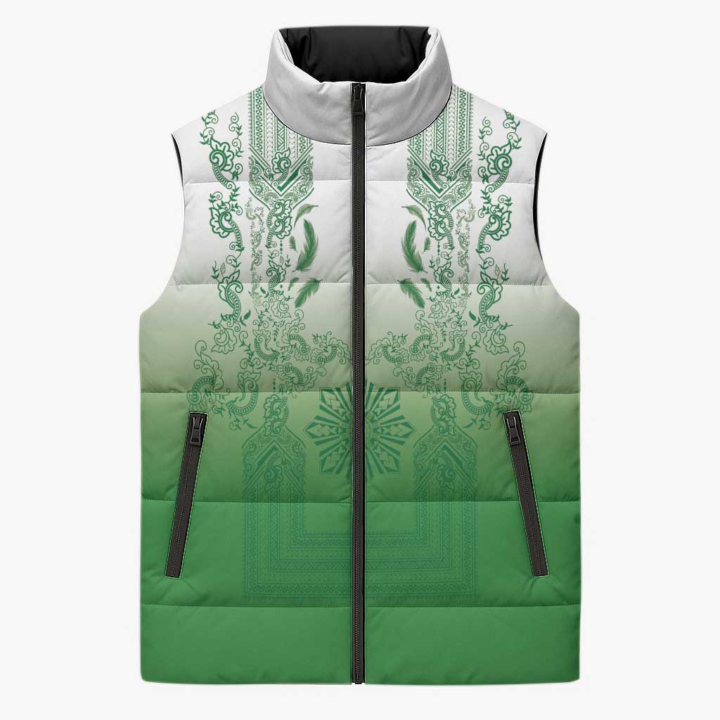 Philippines Barong Style Sleeveless Puffer Jacket with Polynesian Art and Leaf Motif Green Color LT03 Unisex Green - Polynesian Pride