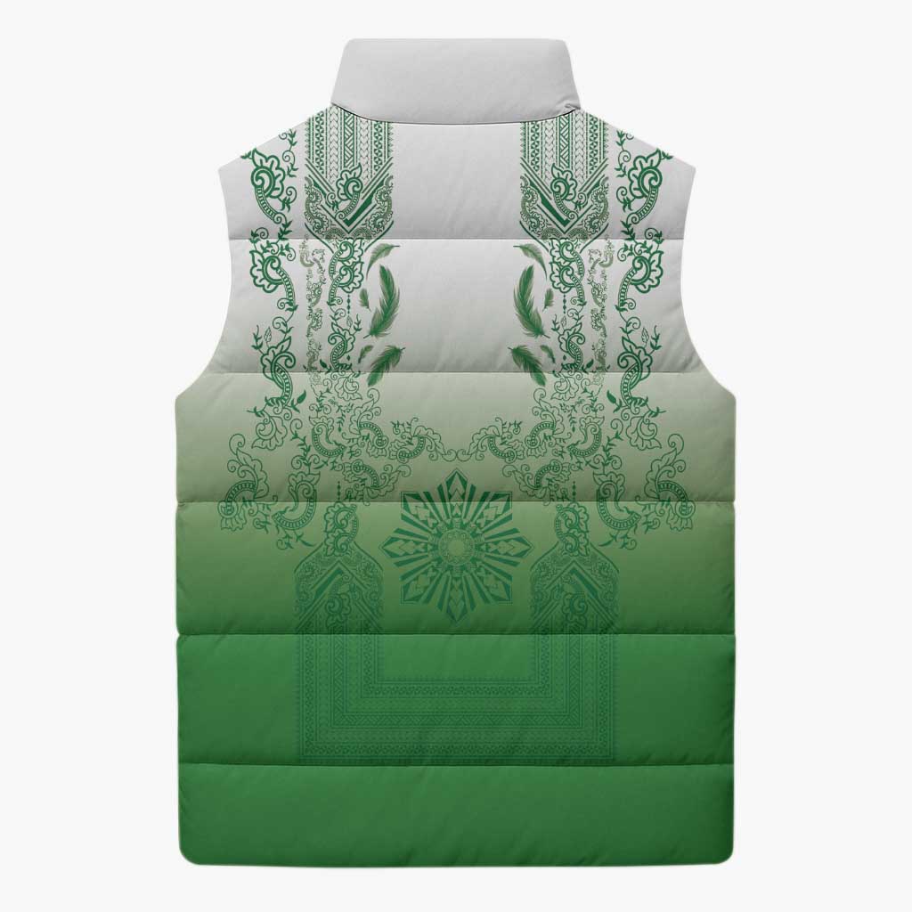 Philippines Barong Style Sleeveless Puffer Jacket with Polynesian Art and Leaf Motif Green Color LT03 - Polynesian Pride