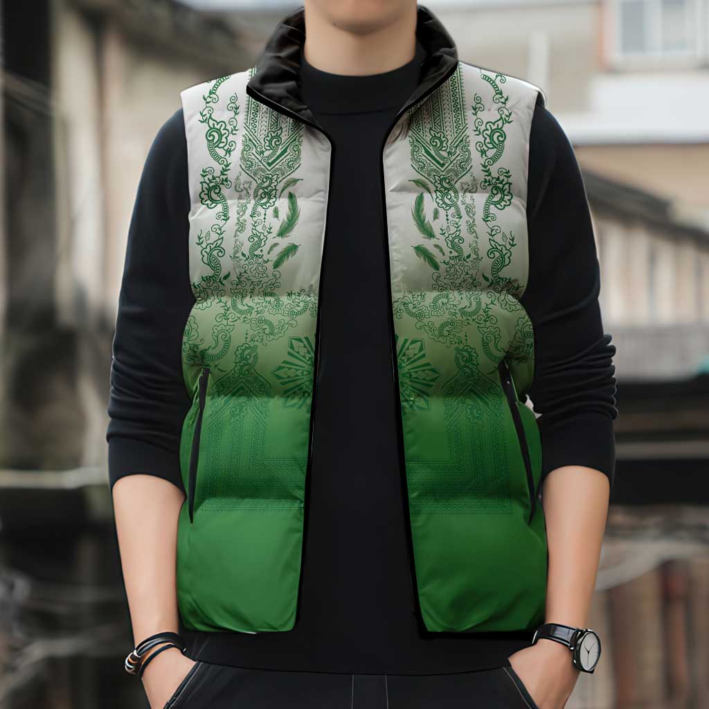 Philippines Barong Style Sleeveless Puffer Jacket with Polynesian Art and Leaf Motif Green Color LT03 - Polynesian Pride