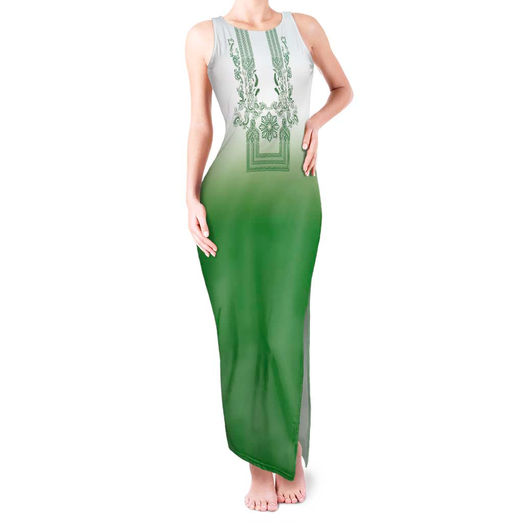 Philippines Barong Style Tank Maxi Dress with Polynesian Art and Leaf Motif Green Color LT03 Women Green - Polynesian Pride