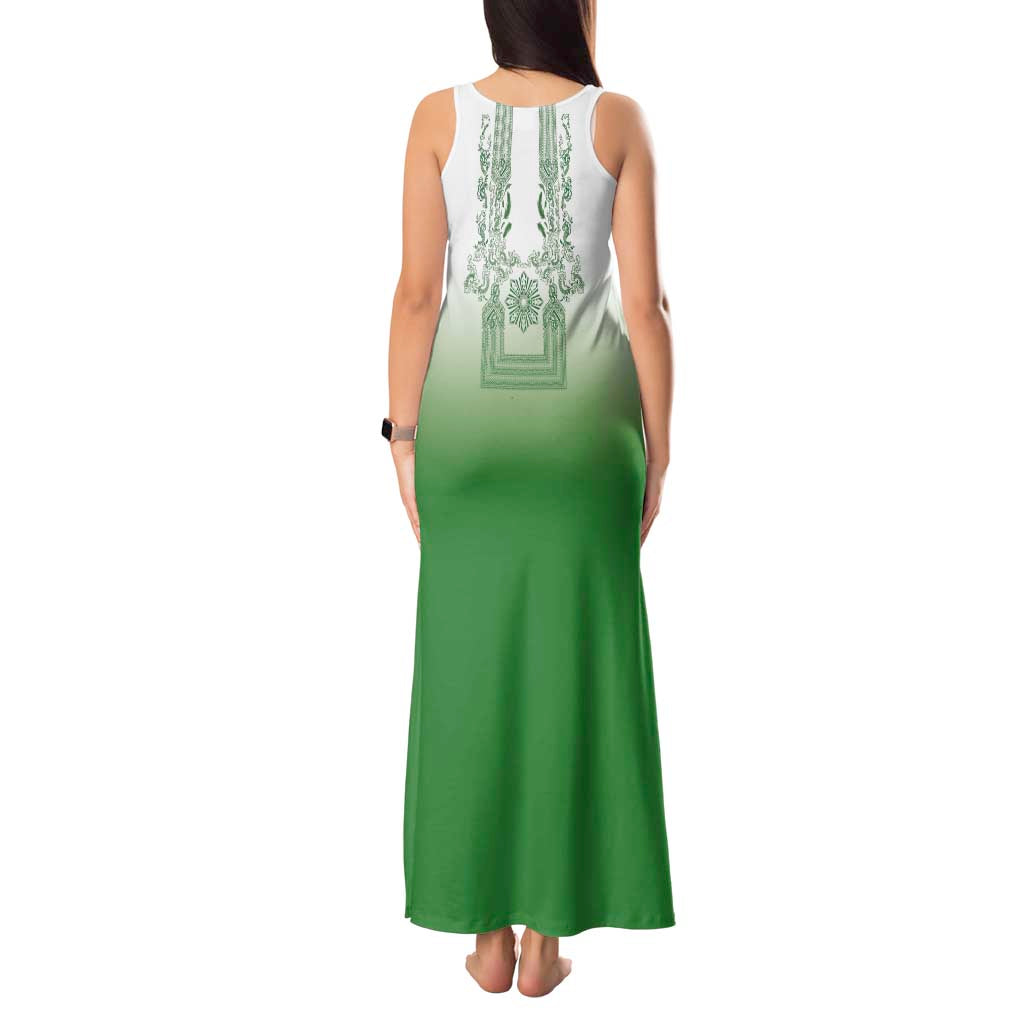 Philippines Barong Style Tank Maxi Dress with Polynesian Art and Leaf Motif Green Color