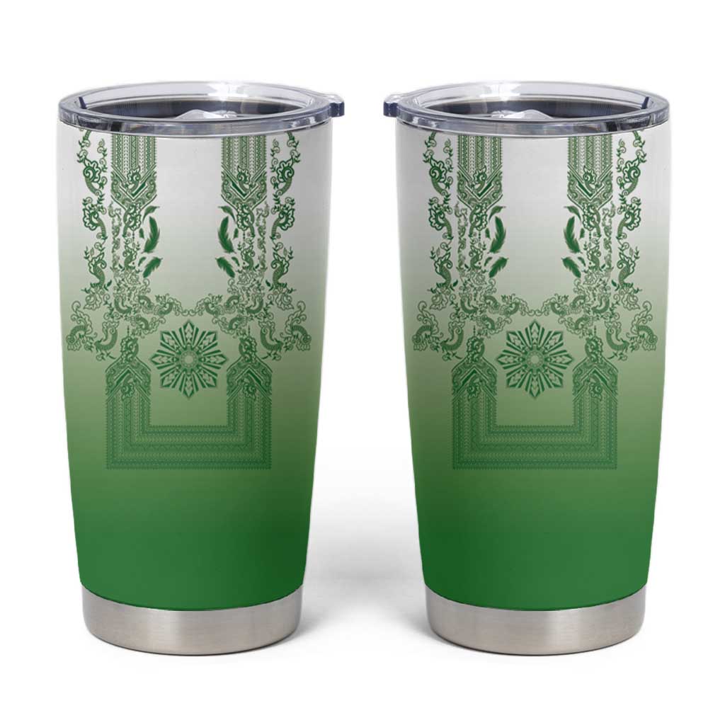 Philippines Barong Style Tumbler Cup with Polynesian Art and Leaf Motif Green Color