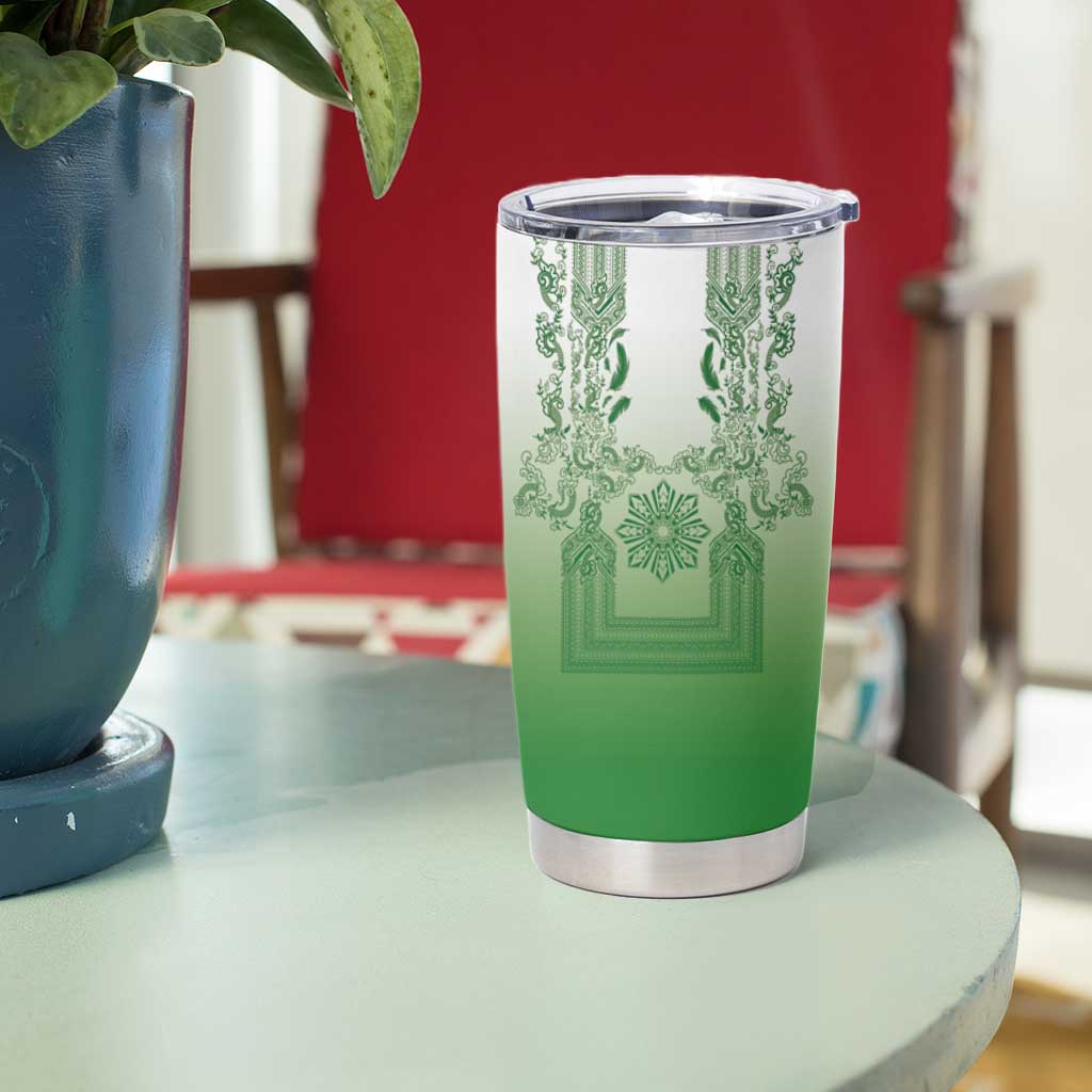 Philippines Barong Style Tumbler Cup with Polynesian Art and Leaf Motif Green Color