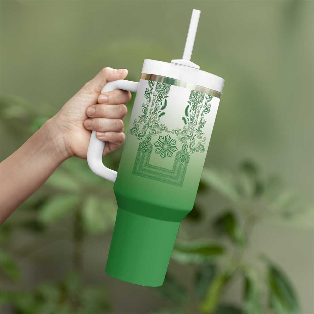 Philippines Barong Style Tumbler With Handle with Polynesian Art and Leaf Motif Green Color LT03 - Polynesian Pride