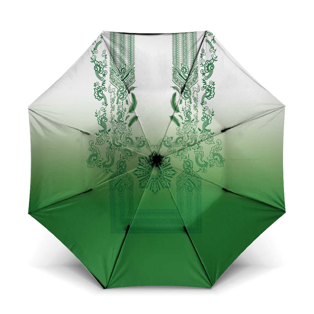 Philippines Barong Style Umbrella with Polynesian Art and Leaf Motif Green Color