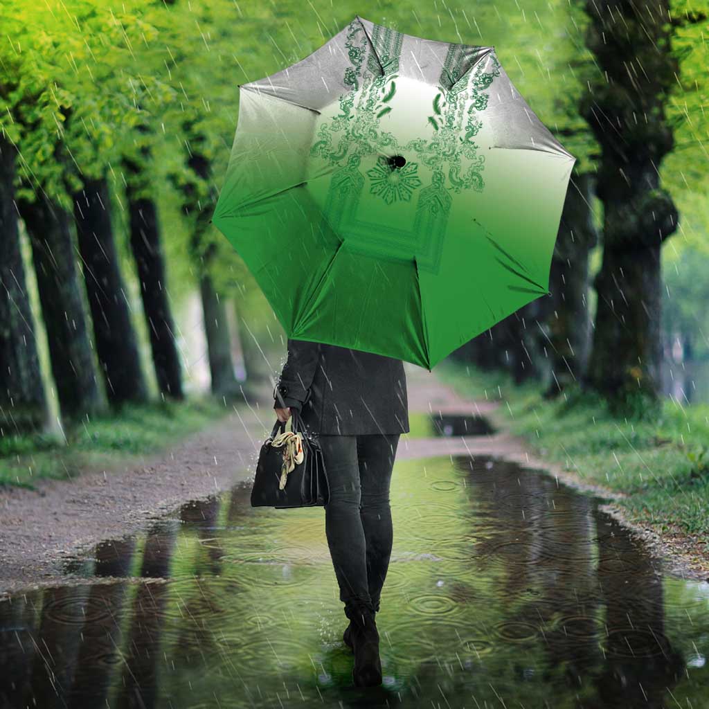 Philippines Barong Style Umbrella with Polynesian Art and Leaf Motif Green Color