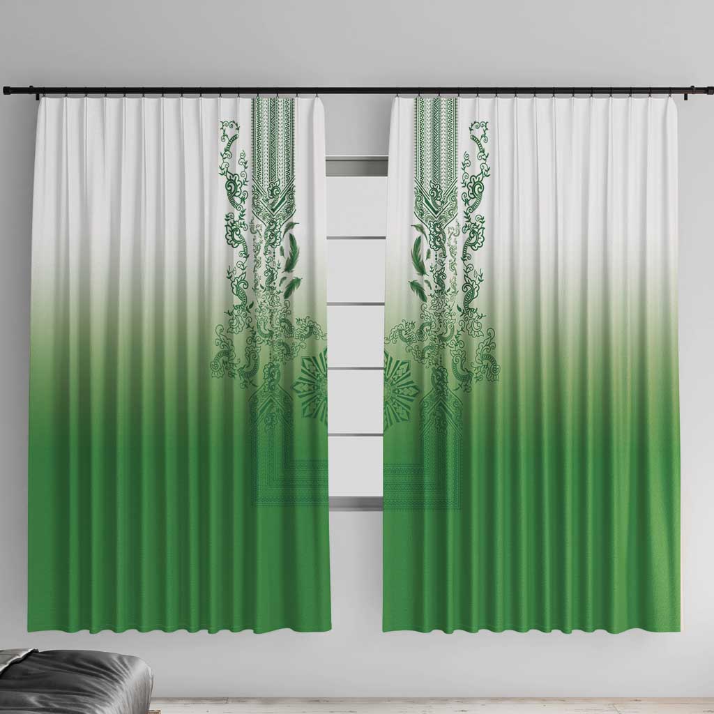 Philippines Barong Style Window Curtain with Polynesian Art and Leaf Motif Green Color LT03 With Hooks Green - Polynesian Pride
