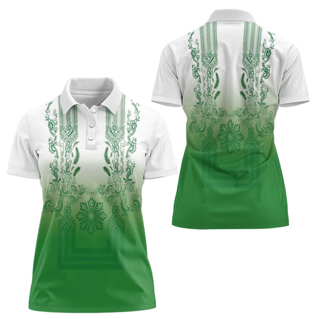 Philippines Barong Style Women Polo Shirt with Polynesian Art and Leaf Motif Green Color