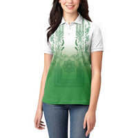 Philippines Barong Style Women Polo Shirt with Polynesian Art and Leaf Motif Green Color
