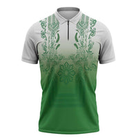 Philippines Barong Style Zipper Polo Shirt with Polynesian Art and Leaf Motif Green Color