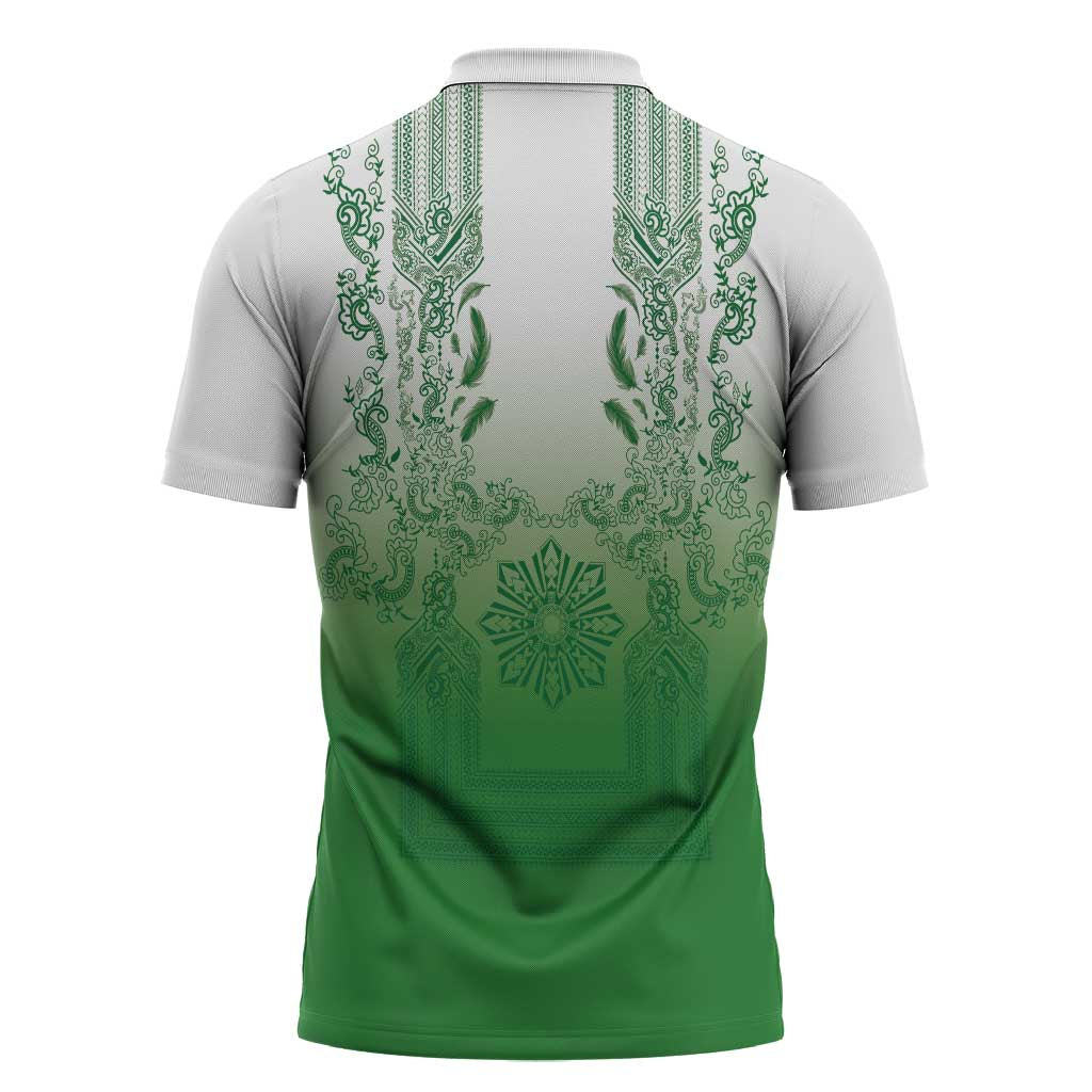 Philippines Barong Style Zipper Polo Shirt with Polynesian Art and Leaf Motif Green Color