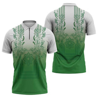 Philippines Barong Style Zipper Polo Shirt with Polynesian Art and Leaf Motif Green Color