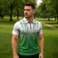 Philippines Barong Style Zipper Polo Shirt with Polynesian Art and Leaf Motif Green Color