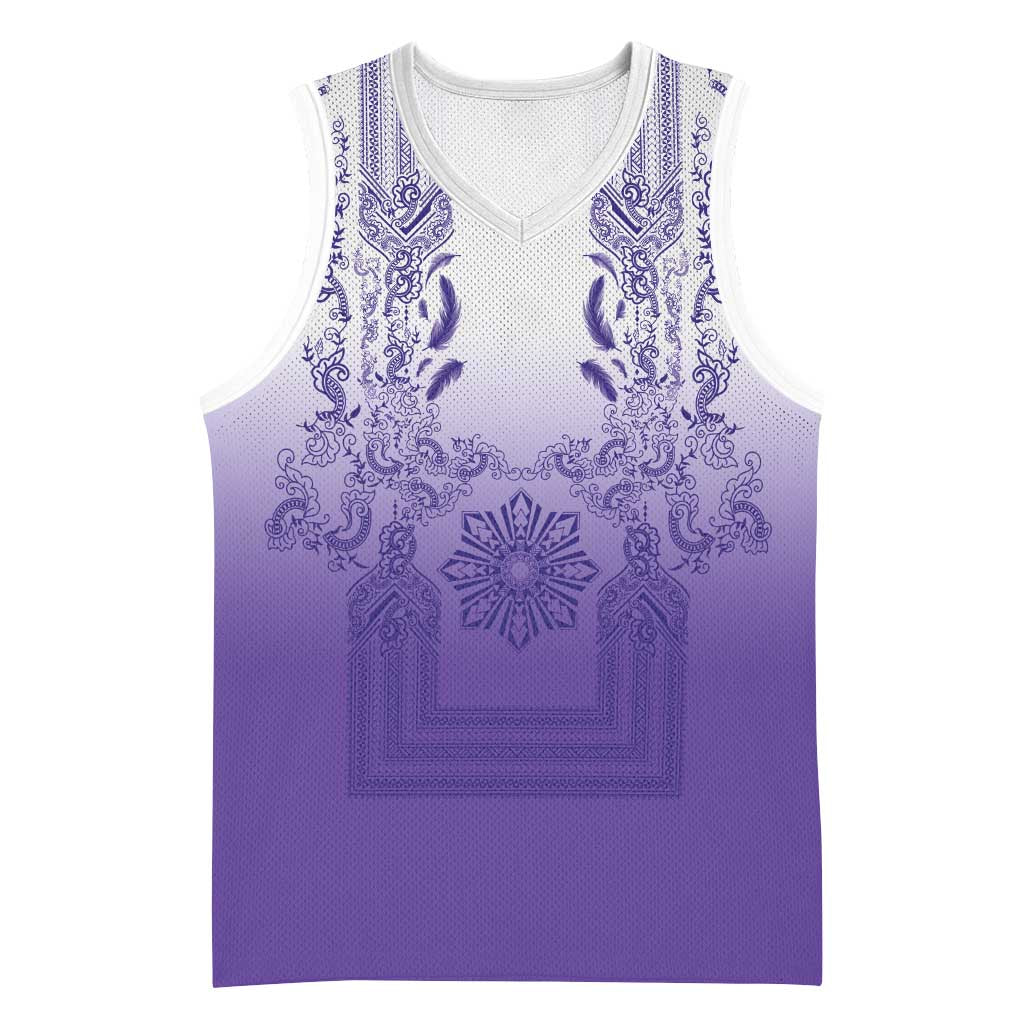 Philippines Barong Style Basketball Jersey with Polynesian Art and Leaf Motif Purple Color