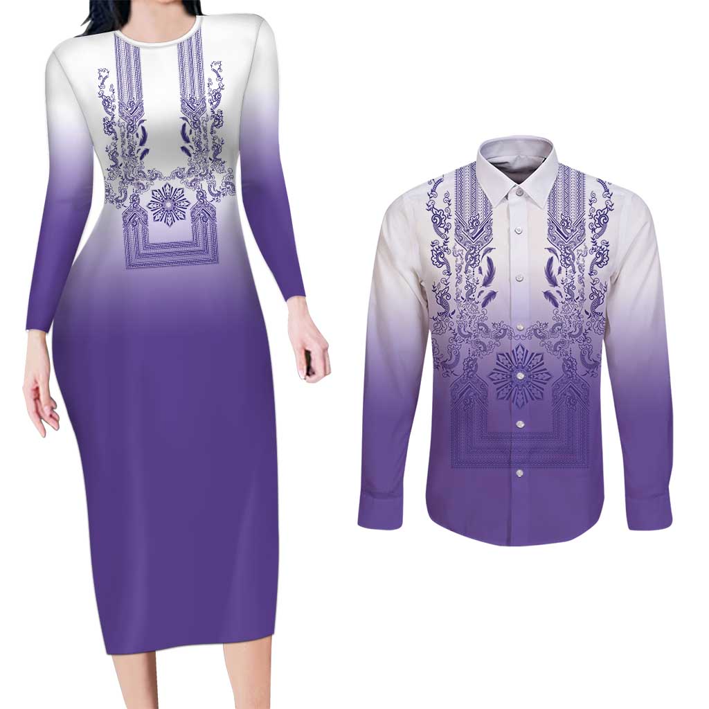 Philippines Barong Style Couples Matching Long Sleeve Bodycon Dress and Long Sleeve Button Shirt with Polynesian Art and Leaf Motif Purple Color LT03 Purple - Polynesian Pride