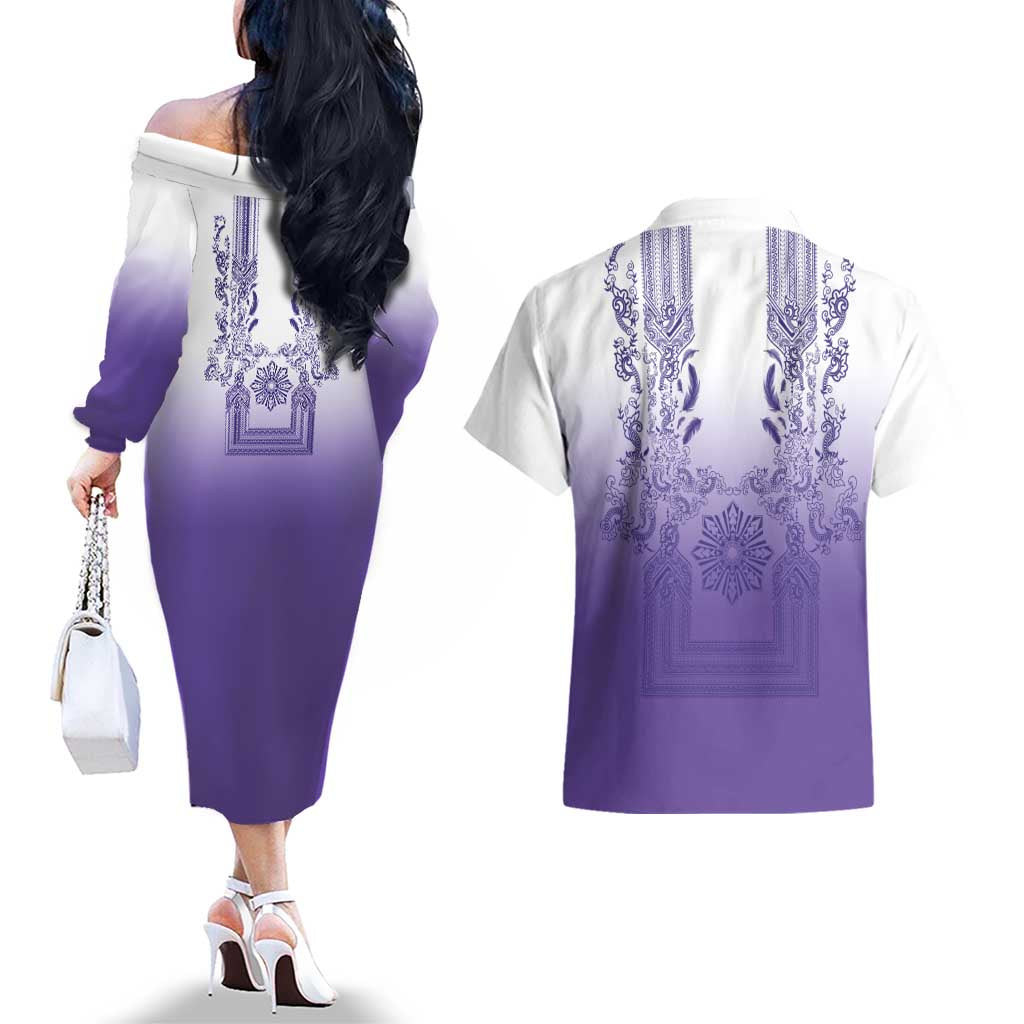Philippines Barong Style Couples Matching Off The Shoulder Long Sleeve Dress and Hawaiian Shirt with Polynesian Art and Leaf Motif Purple Color