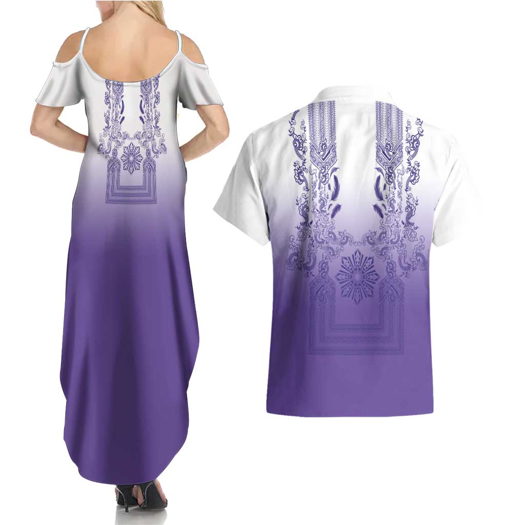 Philippines Barong Style Couples Matching Summer Maxi Dress and Hawaiian Shirt with Polynesian Art and Leaf Motif Purple Color