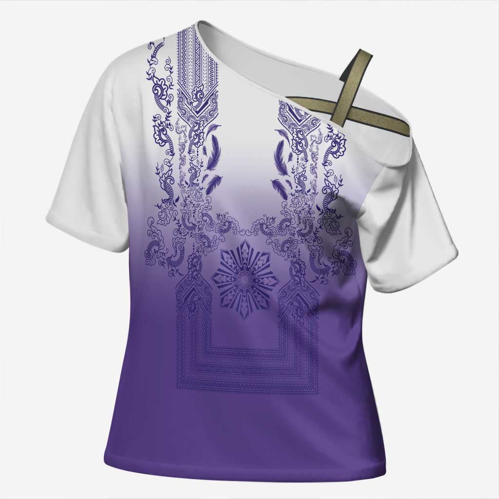 Philippines Barong Style Cross Shoulder Shirt with Polynesian Art and Leaf Motif Purple Color LT03 Female Purple - Polynesian Pride