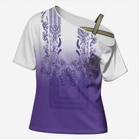 Philippines Barong Style Cross Shoulder Shirt with Polynesian Art and Leaf Motif Purple Color LT03 Female Purple - Polynesian Pride