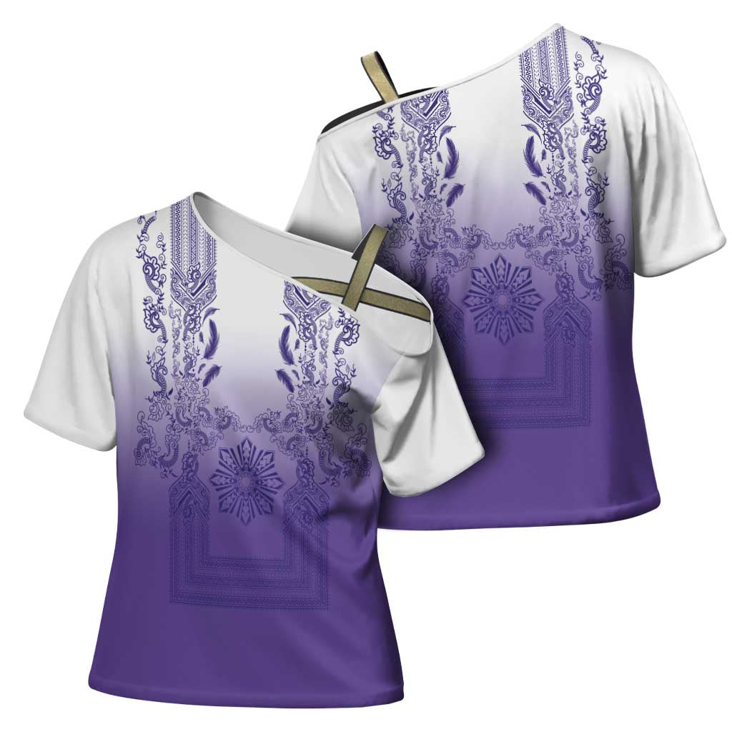 Philippines Barong Style Cross Shoulder Shirt with Polynesian Art and Leaf Motif Purple Color LT03 - Polynesian Pride