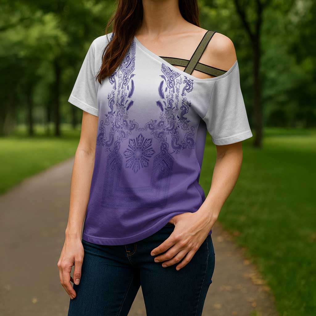 Philippines Barong Style Cross Shoulder Shirt with Polynesian Art and Leaf Motif Purple Color LT03 - Polynesian Pride